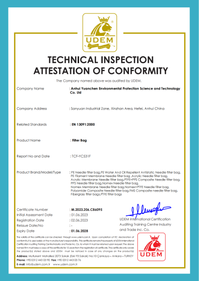 Certificado CE: bolsa de filtro