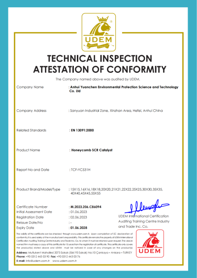 Certificado CE: Catalizador SCR de nido de abeja